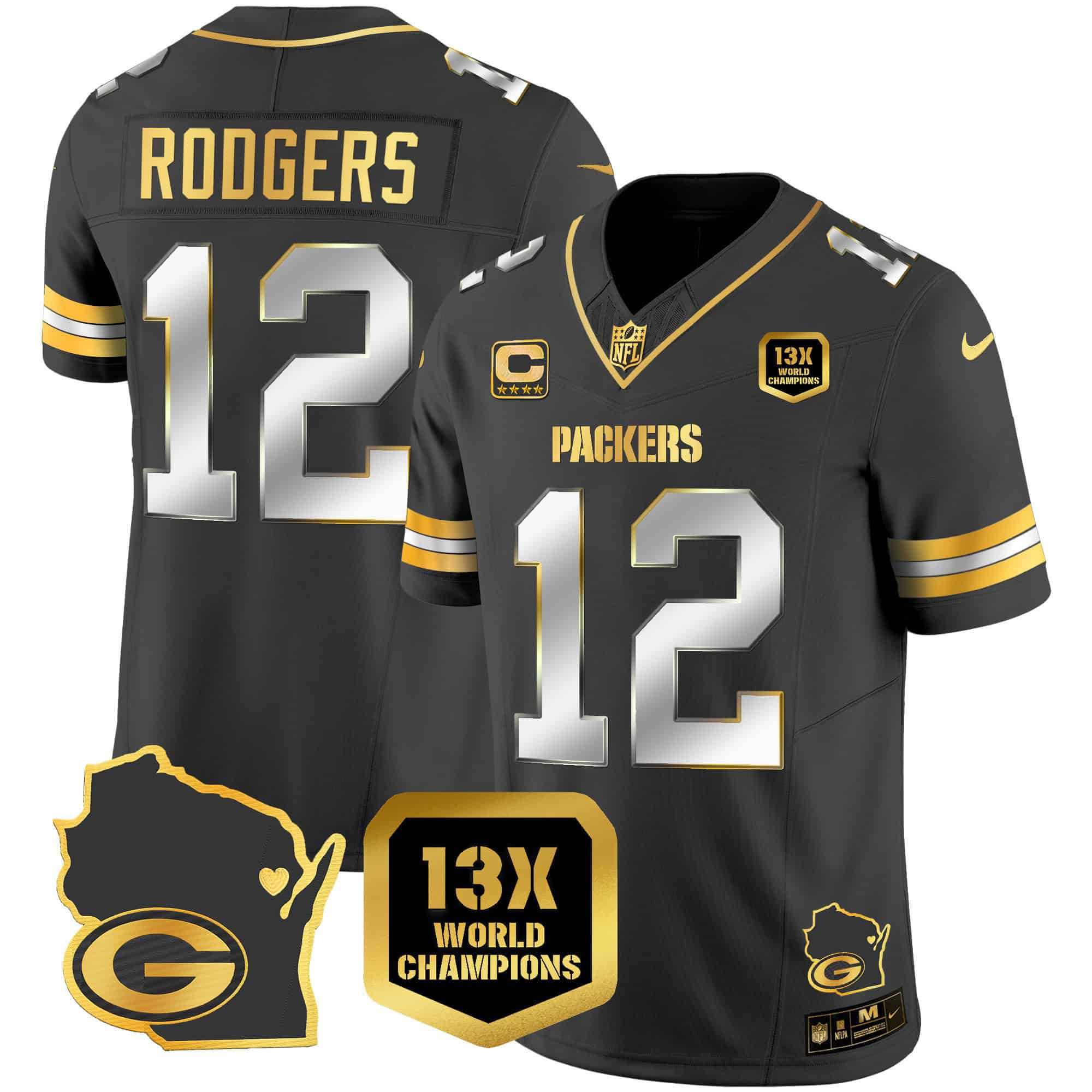 Men Green Bay Packers #12 Rodgers Black Gold 2024 Nike World Champions Home Patch Vapor NFL Jersey style 1->indianapolis colts->NFL Jersey